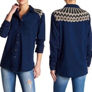 Free People Navy Blue Polka Dot Button Down Fair Isle Sweater Knit Shirt Medium